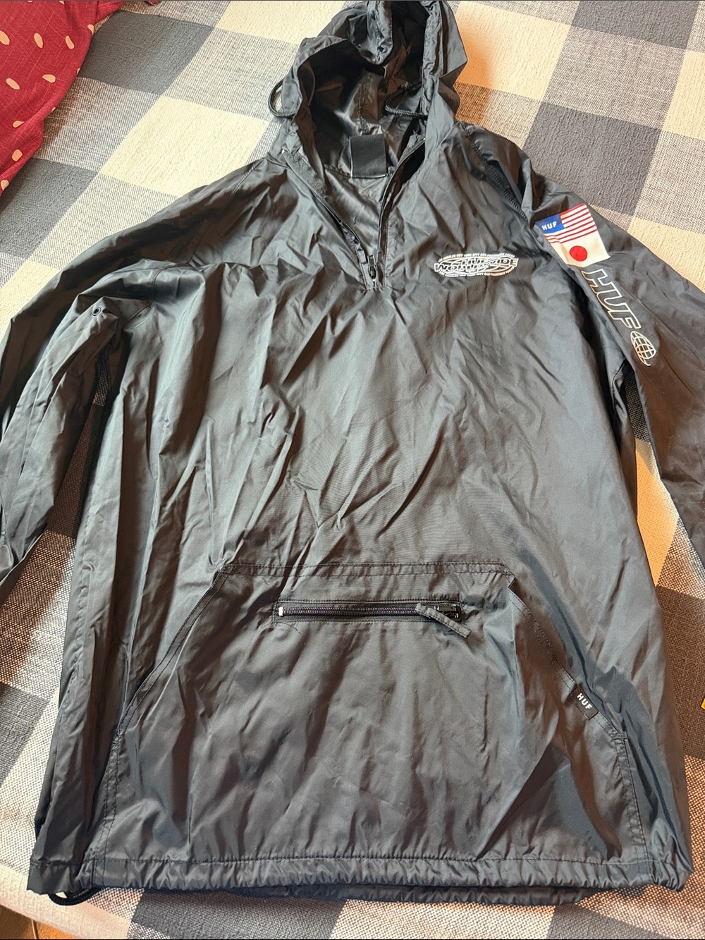 HUF Black Hooded Windbreaker Pullover with Sleeve Patches